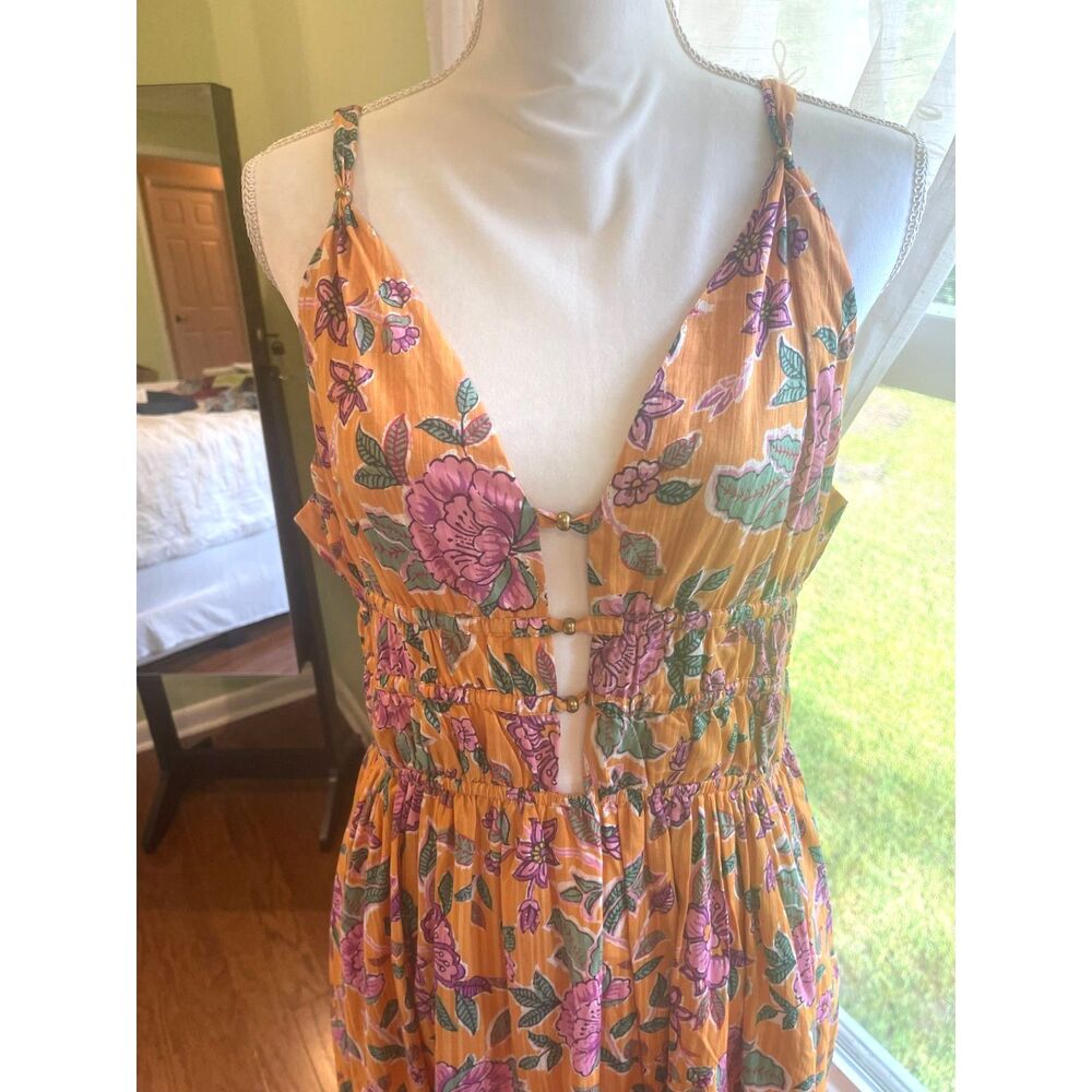 Boho Floral Smocked Cutout Maxi Dress V Neck Euro Summer Resort Quiet Luxury L - Picture 8 of 13